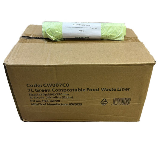 Green Compostable Food Waste Bags 7 Litre - Roll of 52 Bags / Box of 40 Rolls CW007CO