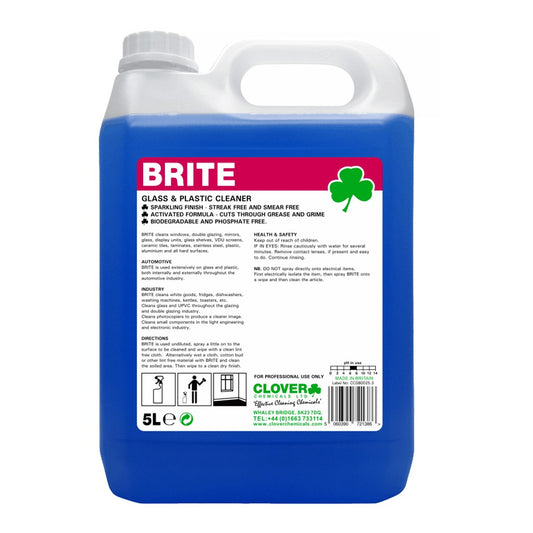 Clover Brite Glass Cleaner 5 Litre - Streak-Free Glass & Plastic Cleaner 701