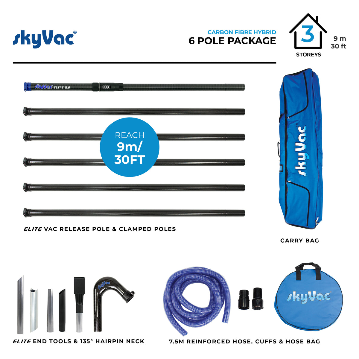 skyVac Premium Clamped Pole Package 50mm Carbon Fibre - Gutter Cleaning Vacuum Poles