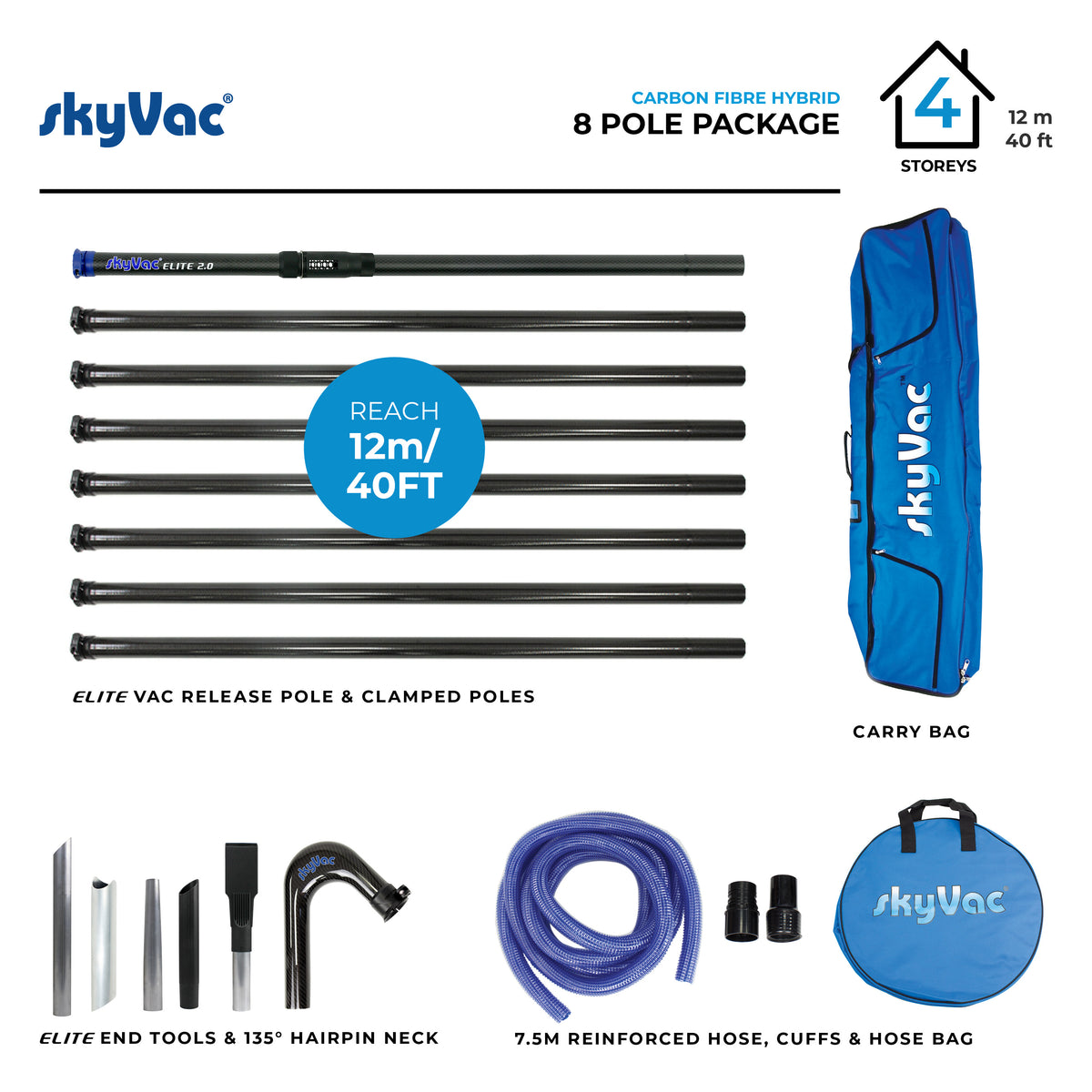 skyVac Premium Clamped Pole Package 50mm Carbon Fibre - Gutter Cleaning Vacuum Poles