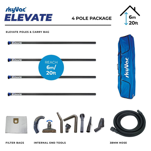 skyVac Elevate 44mm Clamped Pole Package - Gutter Cleaning Vacuum Pole System Kit