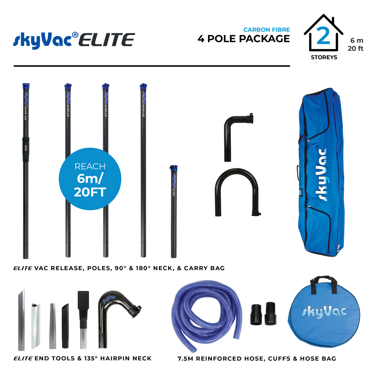 skyVac Elite Pole Package 50mm Carbon Fibre - Gutter Cleaning Vacuum Poles