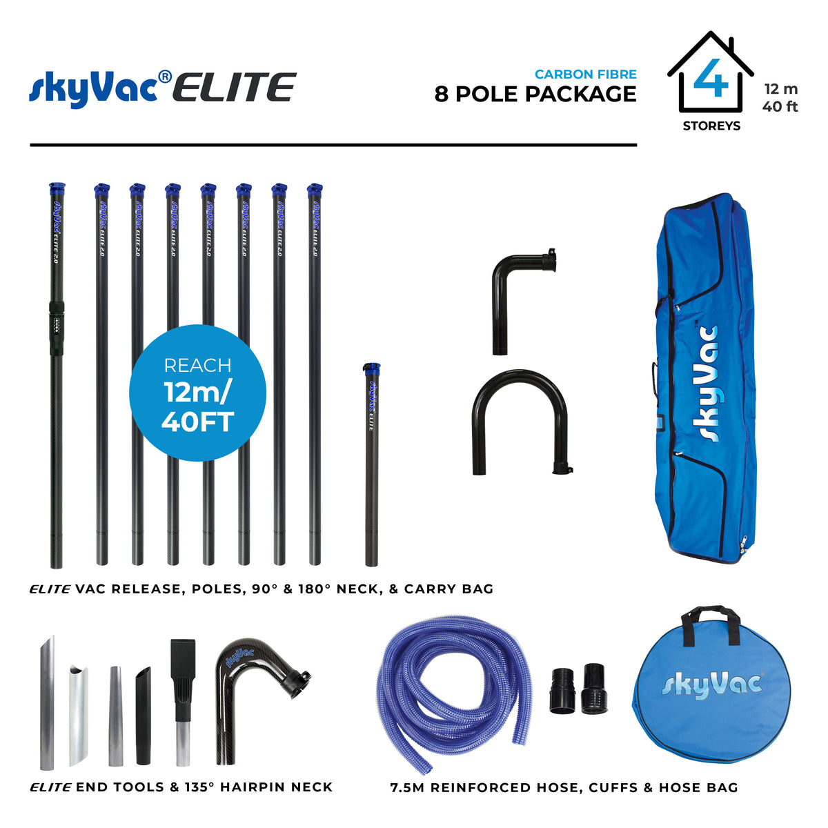 skyVac Elite Pole Package 50mm Carbon Fibre - Gutter Cleaning Vacuum Poles