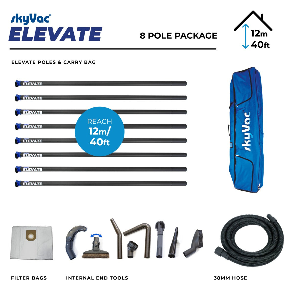 skyVac Elevate 44mm Clamped Pole Package - Gutter Cleaning Vacuum Pole System Kit