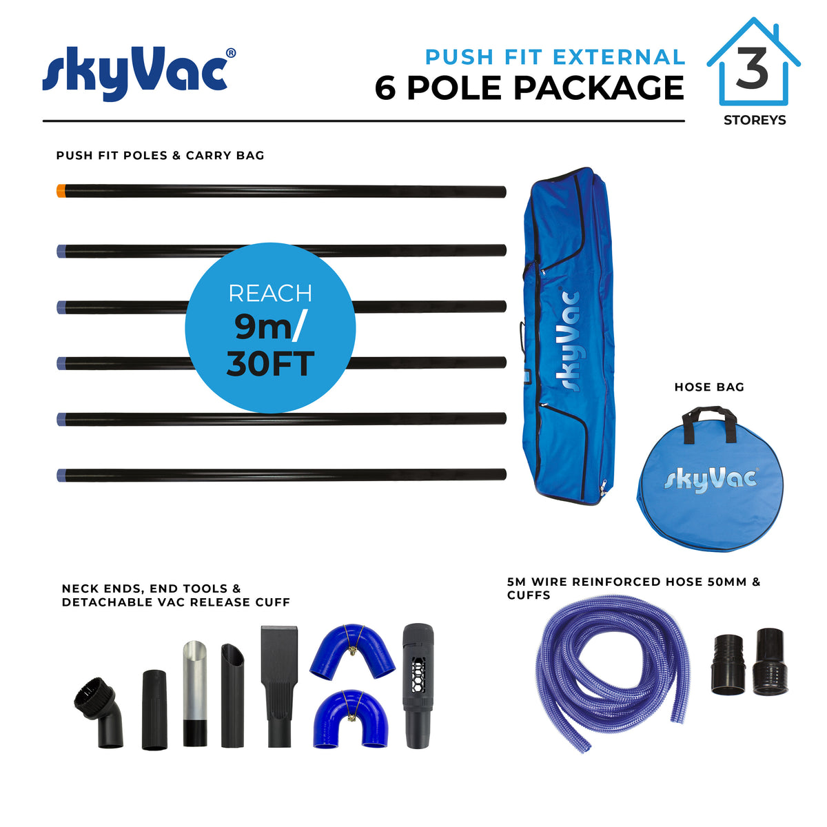 skyVac Standard Push Fit Pole Package 44mm - Gutter Cleaning Vacuum Pole System